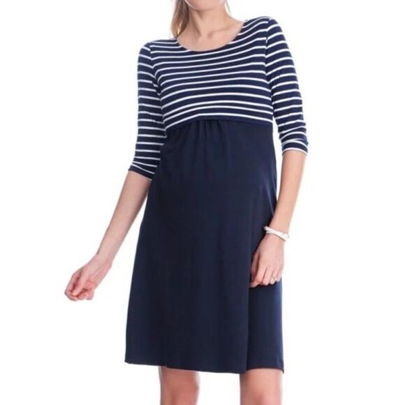 Seraphine Women's Navy Stripe 3/4 Sleeve Nautical Simone Dress Maternity  Sz 14 - Picture 1 of 9